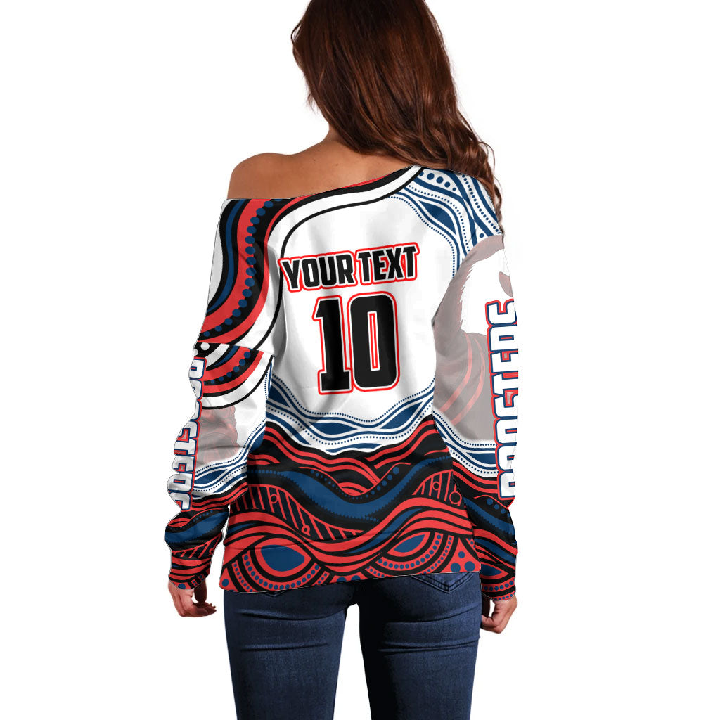 Personalized Sydney Roosters Off Shoulder Sweater Aboriginal Dot Art - Dreamtime Rugby Mascot