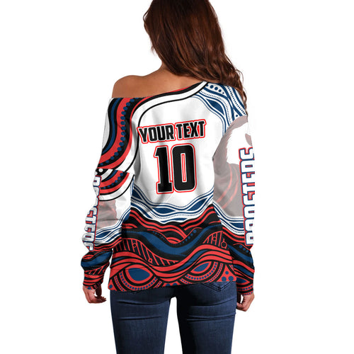 Personalized Sydney Roosters Off Shoulder Sweater Aboriginal Dot Art - Dreamtime Rugby Mascot