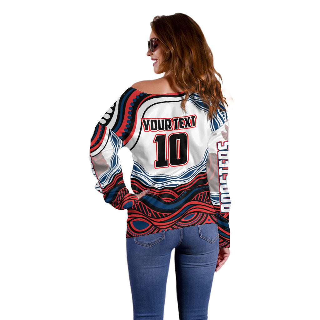 Personalized Sydney Roosters Off Shoulder Sweater Aboriginal Dot Art - Dreamtime Rugby Mascot
