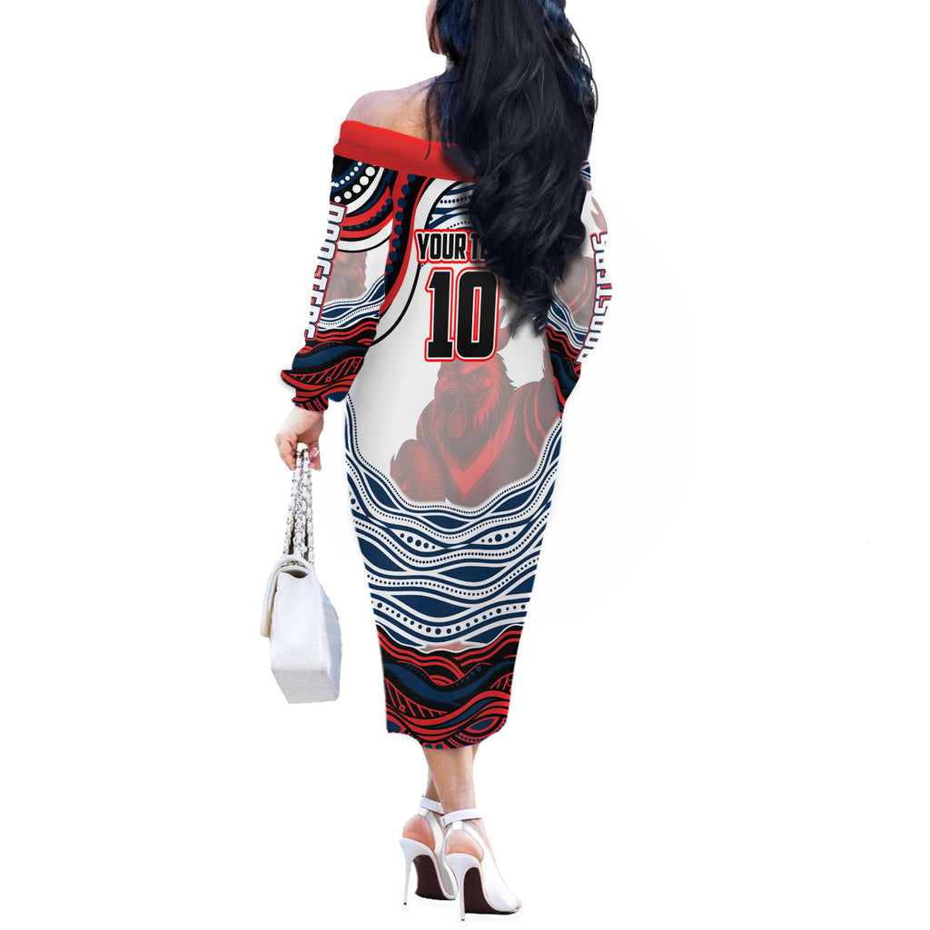 Personalized Sydney Roosters Off The Shoulder Long Sleeve Dress Aboriginal Dot Art - Dreamtime Rugby Mascot