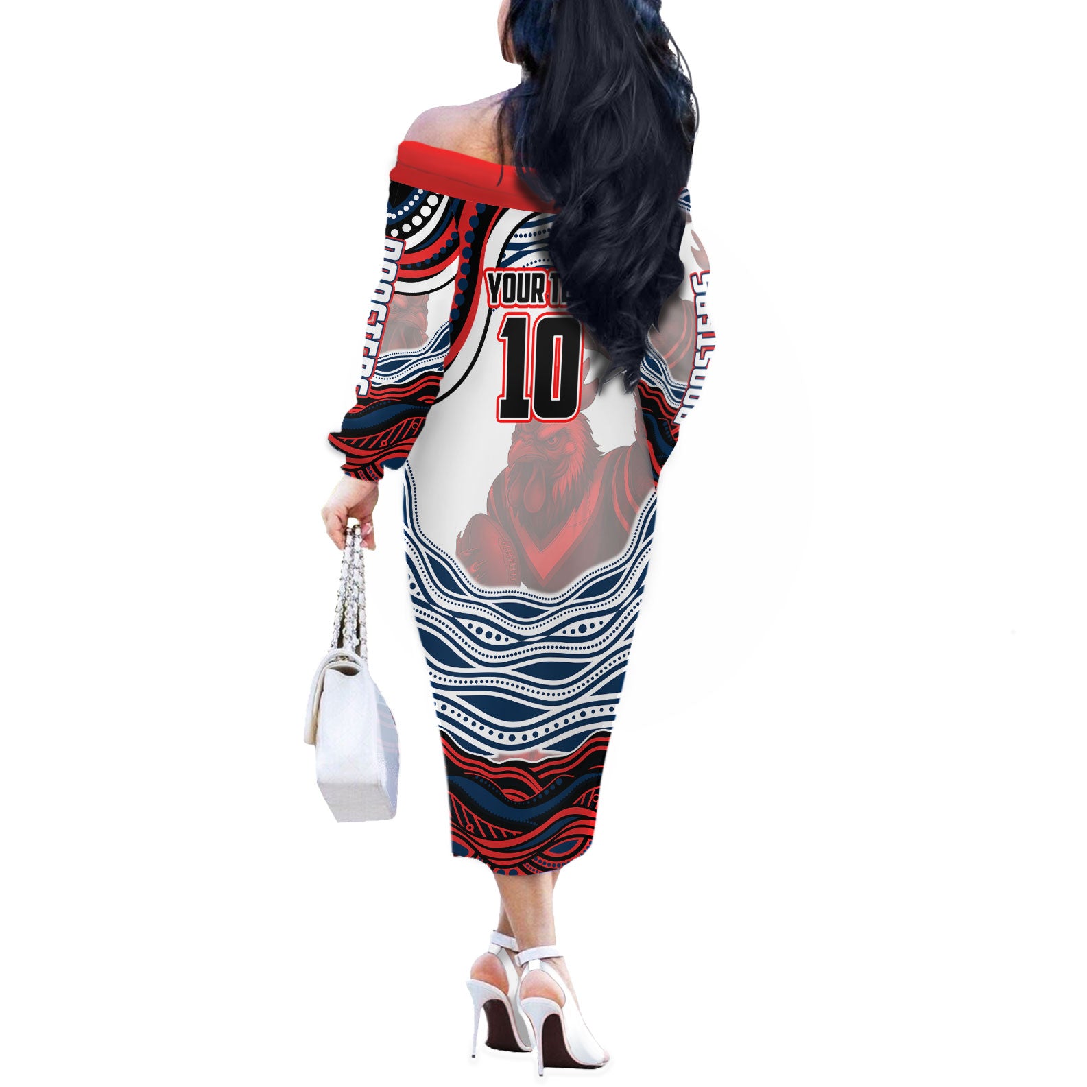Personalized Sydney Roosters Off The Shoulder Long Sleeve Dress Aboriginal Dot Art - Dreamtime Rugby Mascot