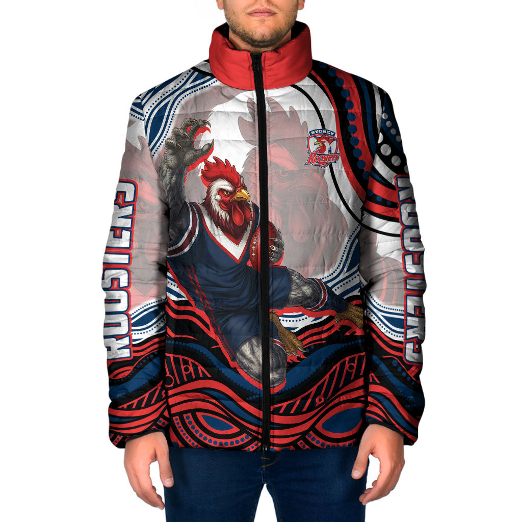 Personalized Sydney Roosters Padded Jacket Aboriginal Dot Art - Dreamtime Rugby Mascot