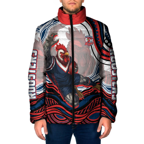 Personalized Sydney Roosters Padded Jacket Aboriginal Dot Art - Dreamtime Rugby Mascot