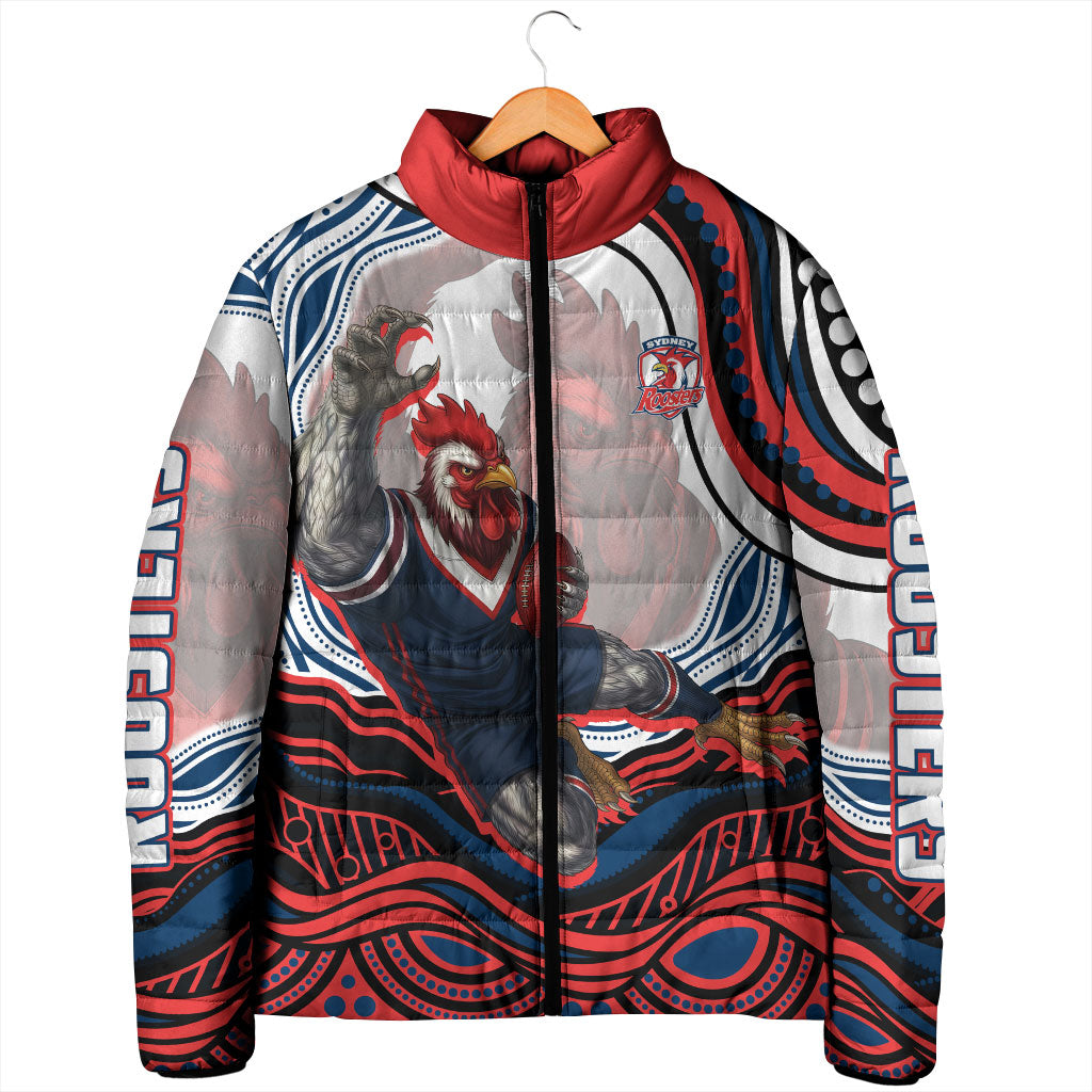 Personalized Sydney Roosters Padded Jacket Aboriginal Dot Art - Dreamtime Rugby Mascot