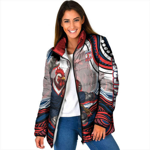 Personalized Sydney Roosters Padded Jacket Aboriginal Dot Art - Dreamtime Rugby Mascot