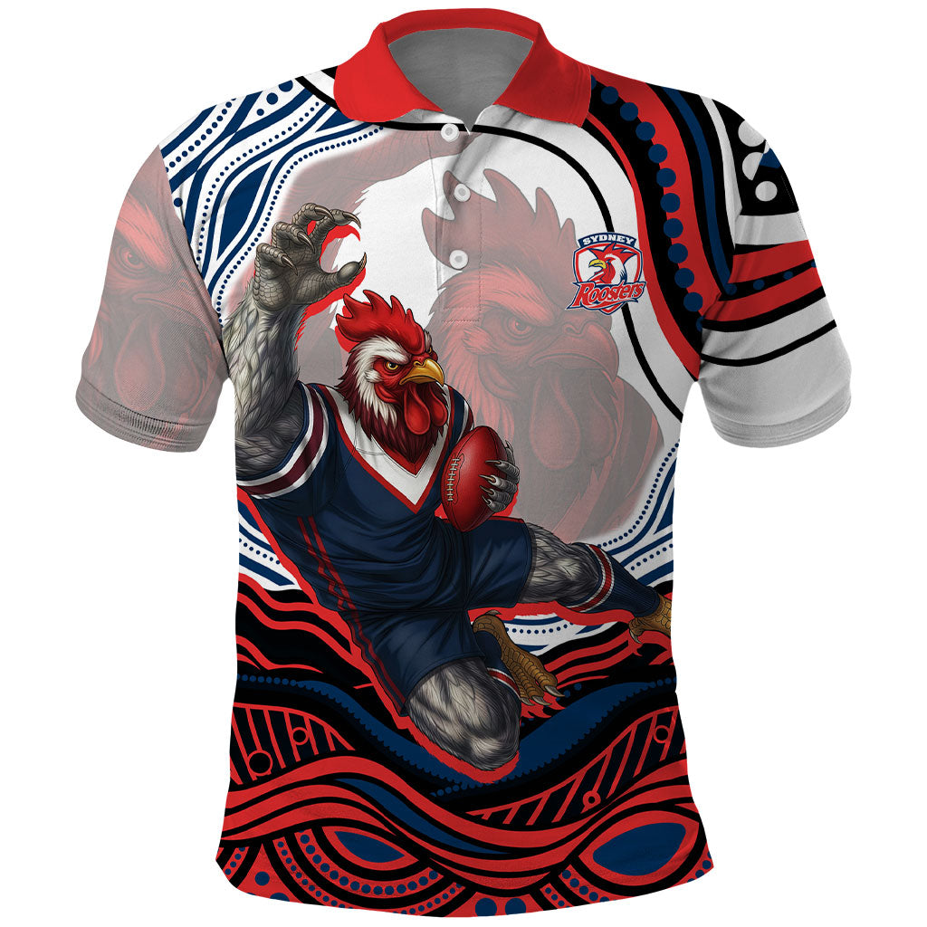 Personalized Sydney Roosters Polo Shirt Aboriginal Dot Art - Dreamtime Rugby Mascot