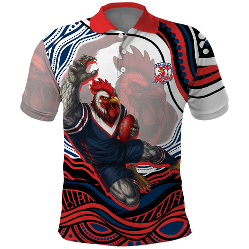 Personalized Sydney Roosters Polo Shirt Aboriginal Dot Art - Dreamtime Rugby Mascot