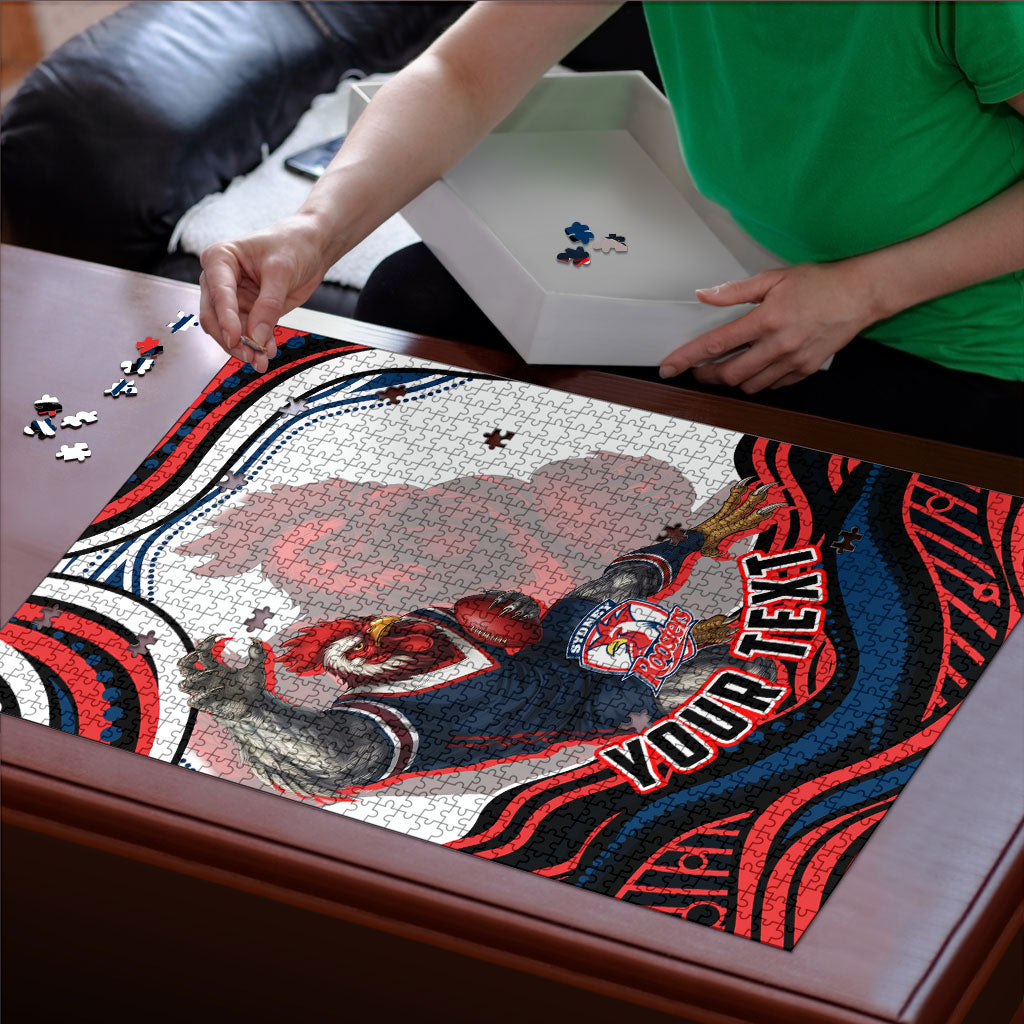 Personalized Sydney Roosters Puzzle Aboriginal Dot Art - Dreamtime Rugby Mascot