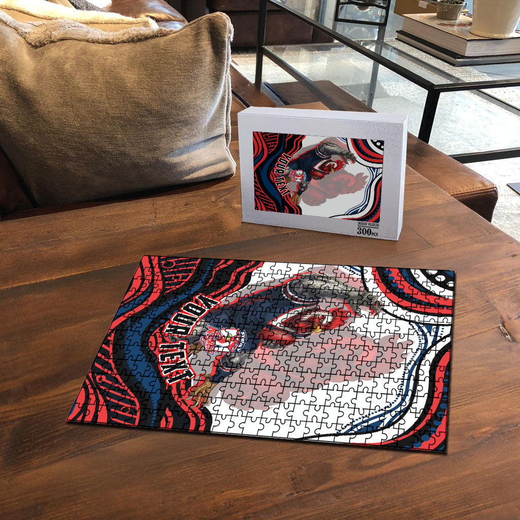 Personalized Sydney Roosters Puzzle Aboriginal Dot Art - Dreamtime Rugby Mascot