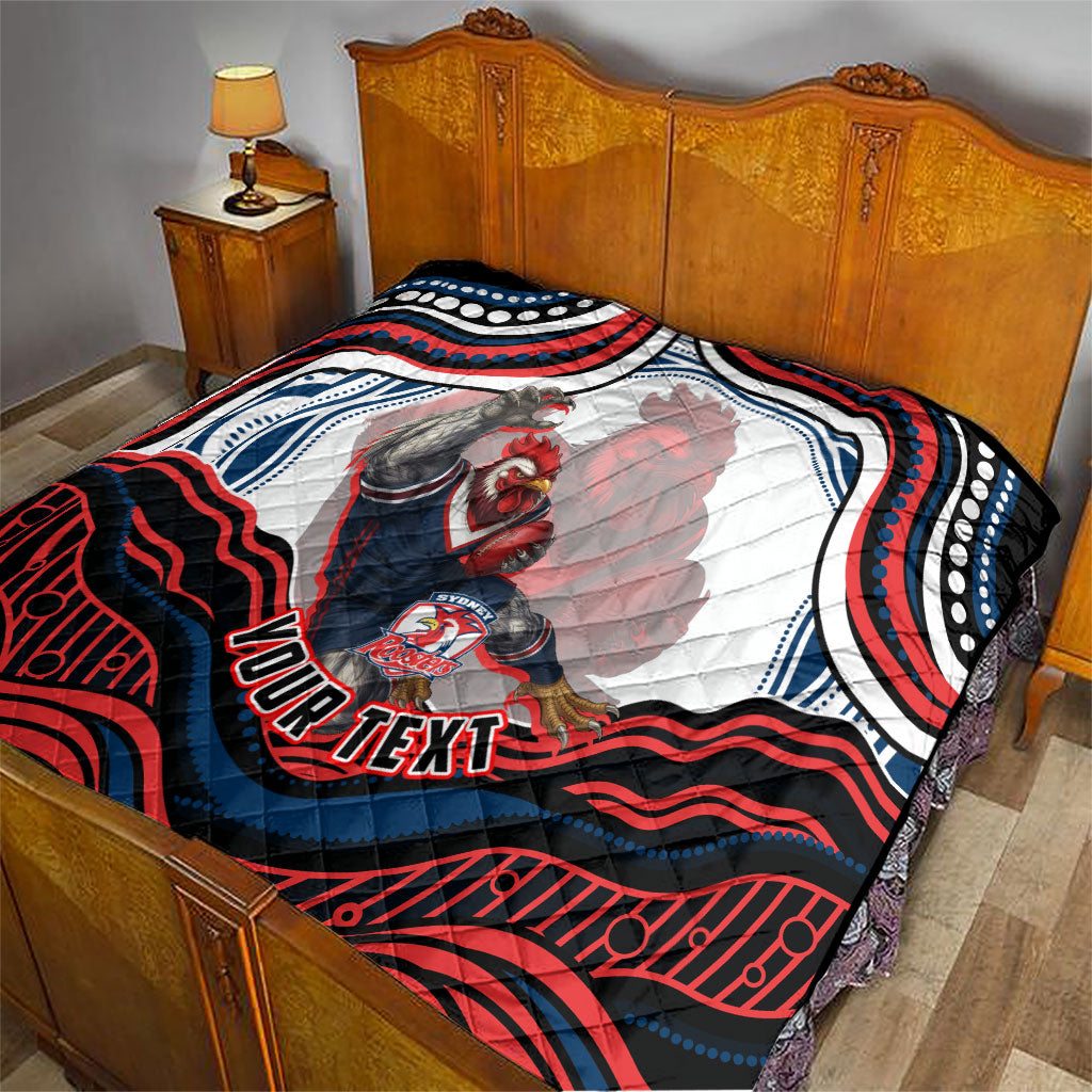 Personalized Sydney Roosters Quilt Aboriginal Dot Art - Dreamtime Rugby Mascot