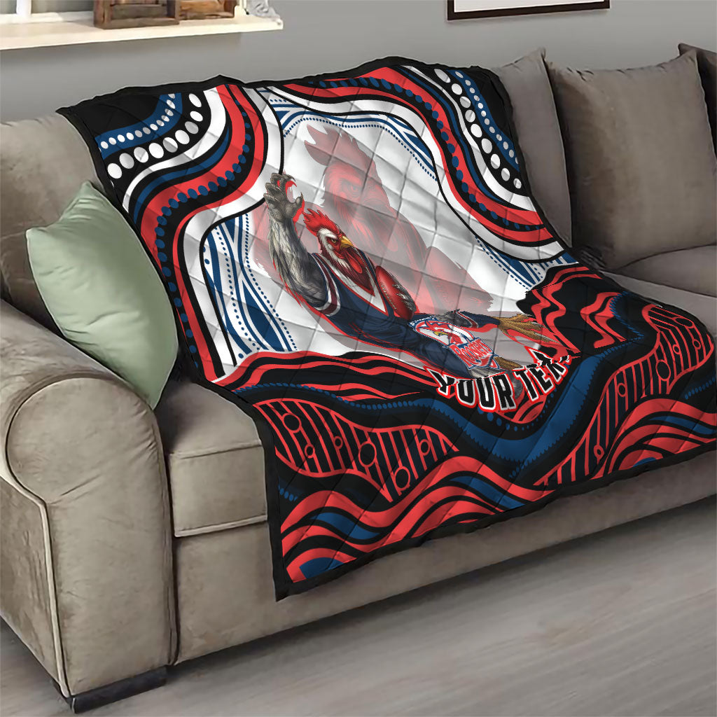 Personalized Sydney Roosters Quilt Aboriginal Dot Art - Dreamtime Rugby Mascot