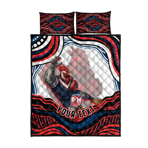Personalized Sydney Roosters Quilt Bed Set Aboriginal Dot Art - Dreamtime Rugby Mascot
