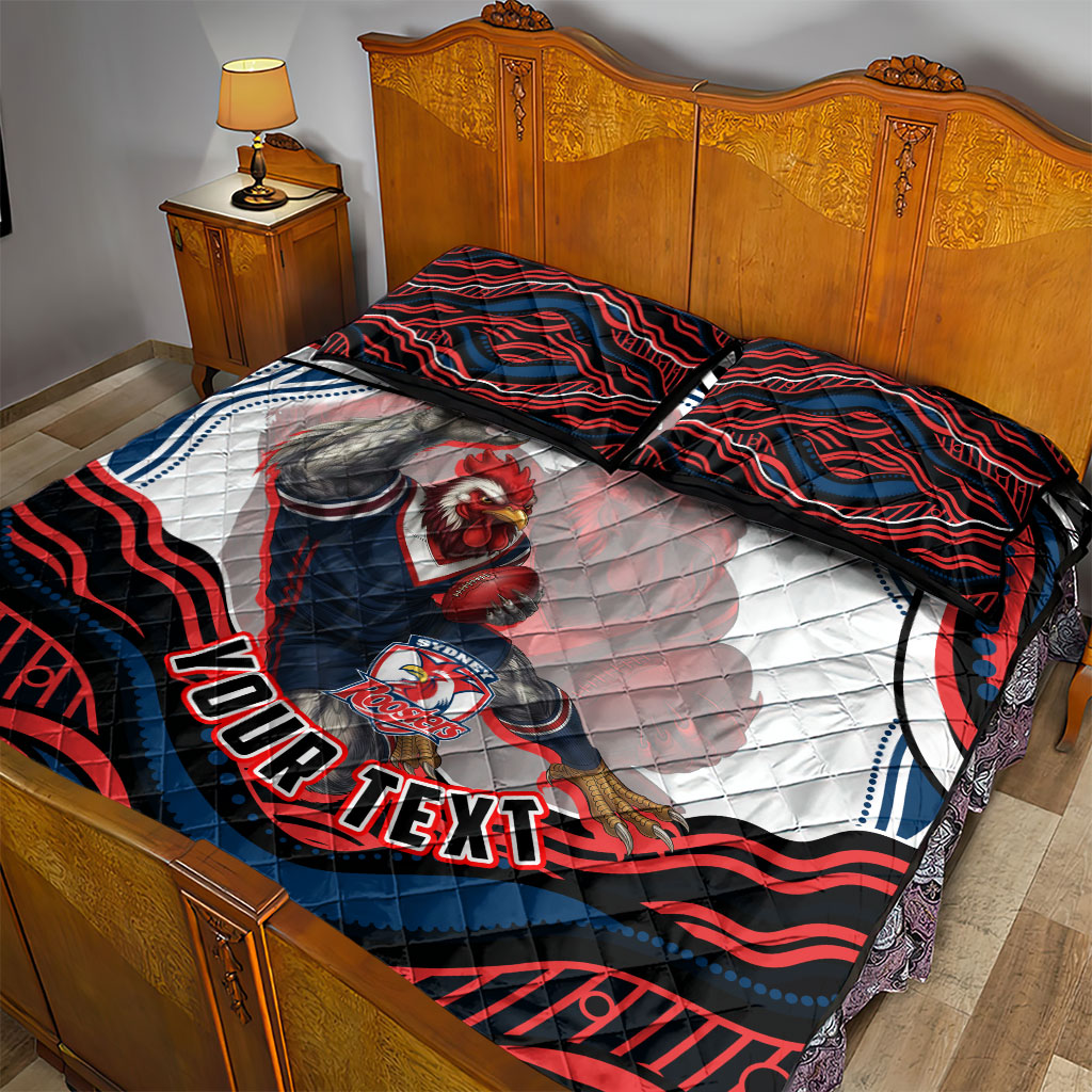 Personalized Sydney Roosters Quilt Bed Set Aboriginal Dot Art - Dreamtime Rugby Mascot