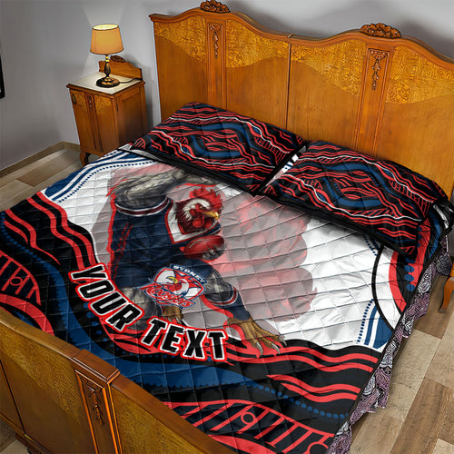 Personalized Sydney Roosters Quilt Bed Set Aboriginal Dot Art - Dreamtime Rugby Mascot