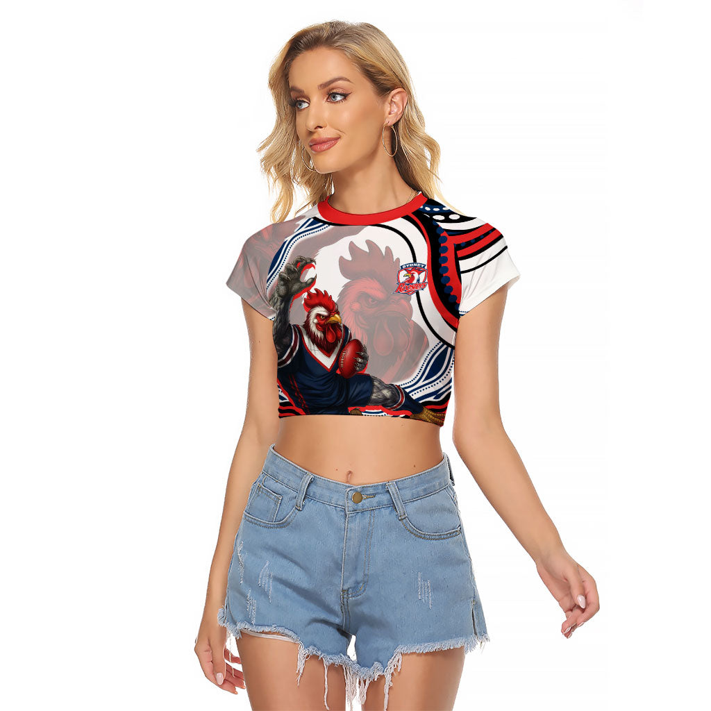 Personalized Sydney Roosters Raglan Cropped T Shirt Aboriginal Dot Art - Dreamtime Rugby Mascot