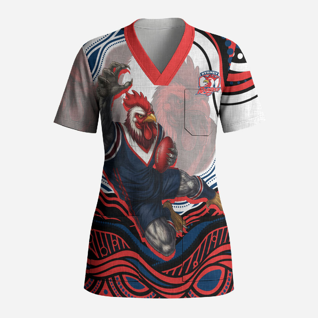 Personalized Sydney Roosters Scrub Top Aboriginal Dot Art - Dreamtime Rugby Mascot