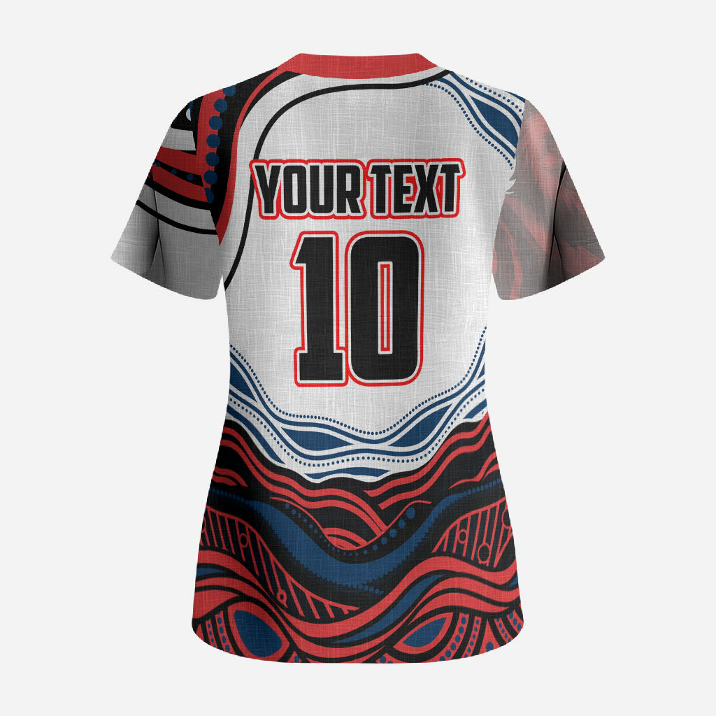 Personalized Sydney Roosters Scrub Top Aboriginal Dot Art - Dreamtime Rugby Mascot