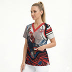 Personalized Sydney Roosters Scrub Top Aboriginal Dot Art - Dreamtime Rugby Mascot