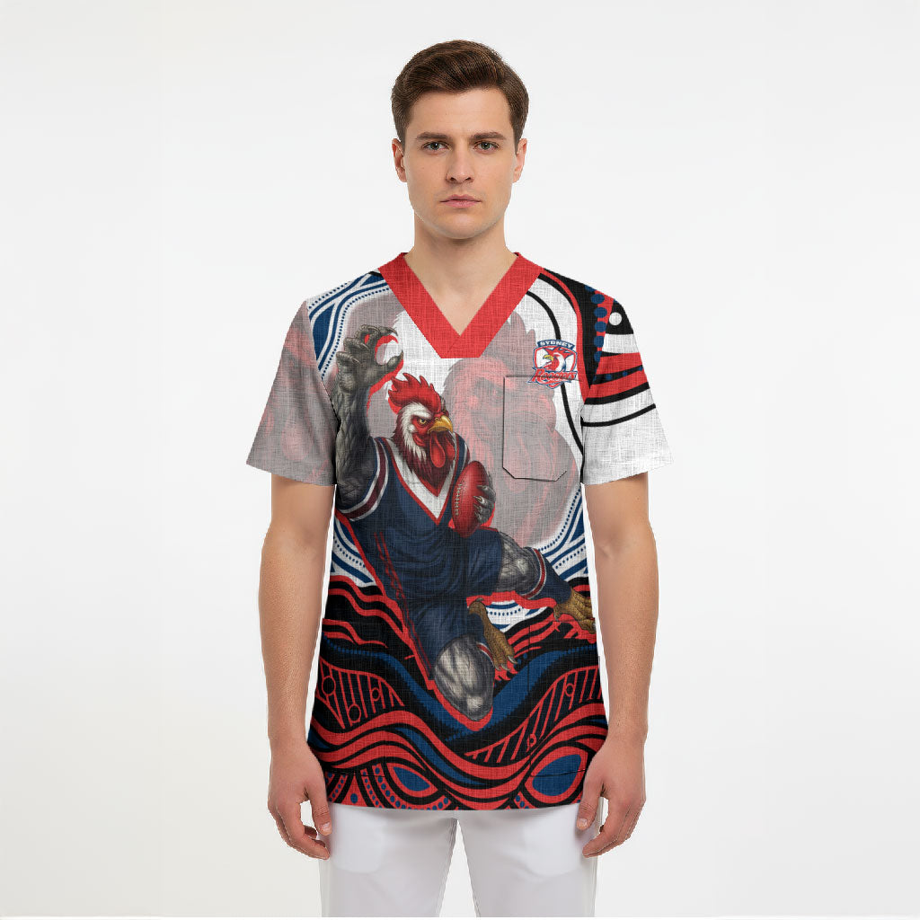 Personalized Sydney Roosters Scrub Top Aboriginal Dot Art - Dreamtime Rugby Mascot