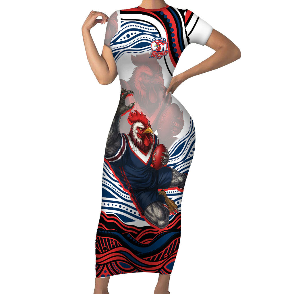 Personalized Sydney Roosters Short Sleeve Bodycon Dress Aboriginal Dot Art - Dreamtime Rugby Mascot