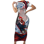 Personalized Sydney Roosters Short Sleeve Bodycon Dress Aboriginal Dot Art - Dreamtime Rugby Mascot