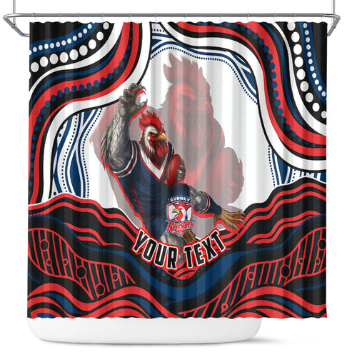 Personalized Sydney Roosters Shower Curtain Aboriginal Dot Art - Dreamtime Rugby Mascot