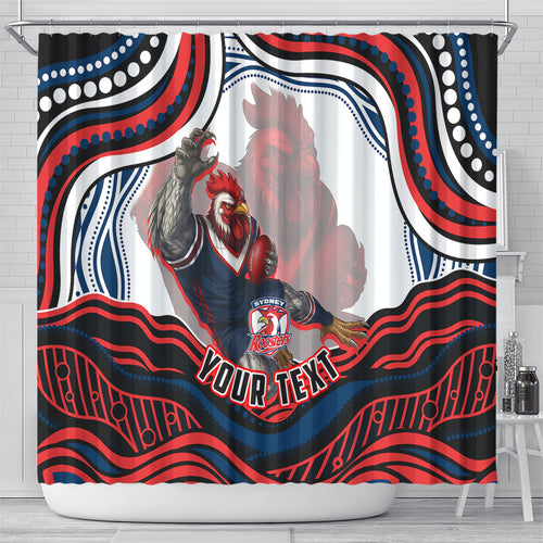 Personalized Sydney Roosters Shower Curtain Aboriginal Dot Art - Dreamtime Rugby Mascot