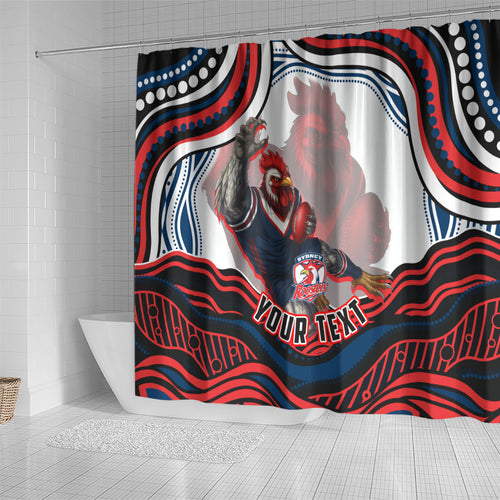 Personalized Sydney Roosters Shower Curtain Aboriginal Dot Art - Dreamtime Rugby Mascot