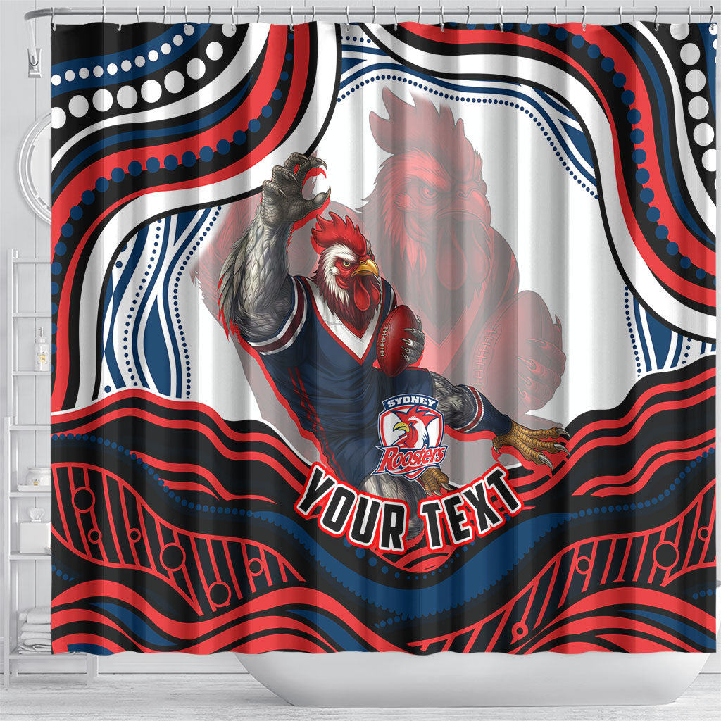 Personalized Sydney Roosters Shower Curtain Aboriginal Dot Art - Dreamtime Rugby Mascot