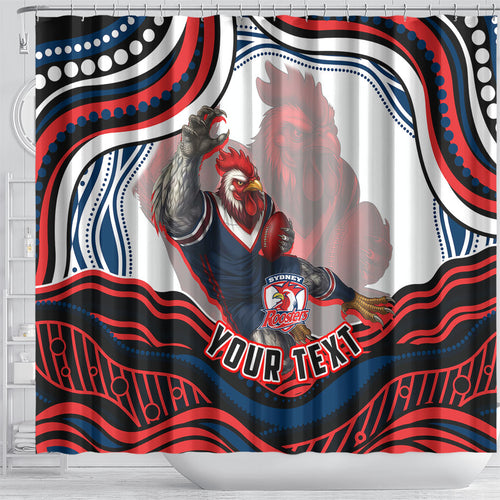 Personalized Sydney Roosters Shower Curtain Aboriginal Dot Art - Dreamtime Rugby Mascot