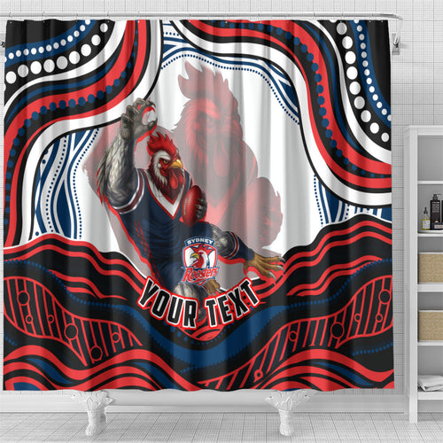 Personalized Sydney Roosters Shower Curtain Aboriginal Dot Art - Dreamtime Rugby Mascot