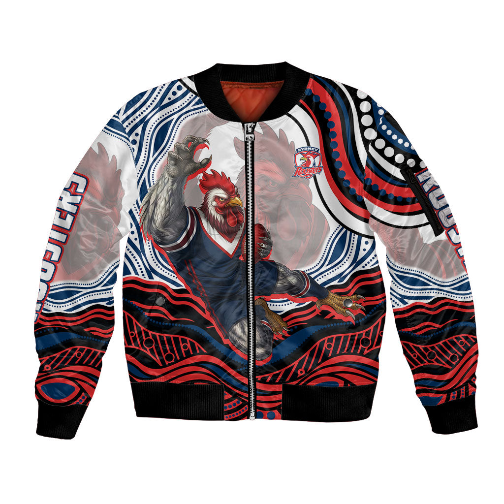 Personalized Sydney Roosters Sleeve Zip Bomber Jacket Aboriginal Dot Art - Dreamtime Rugby Mascot