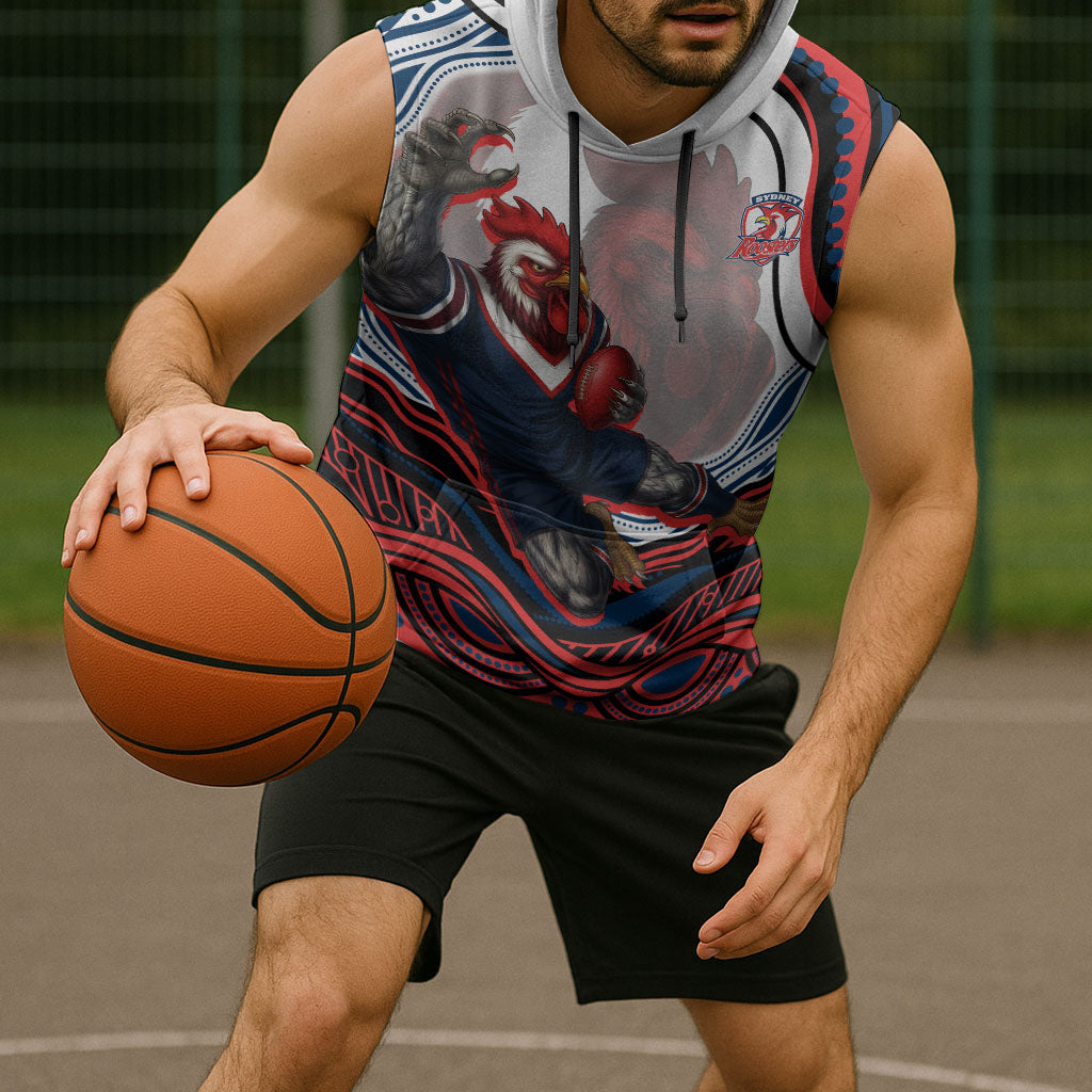 Personalized Sydney Roosters Sleeveless Hoodie Aboriginal Dot Art - Dreamtime Rugby Mascot