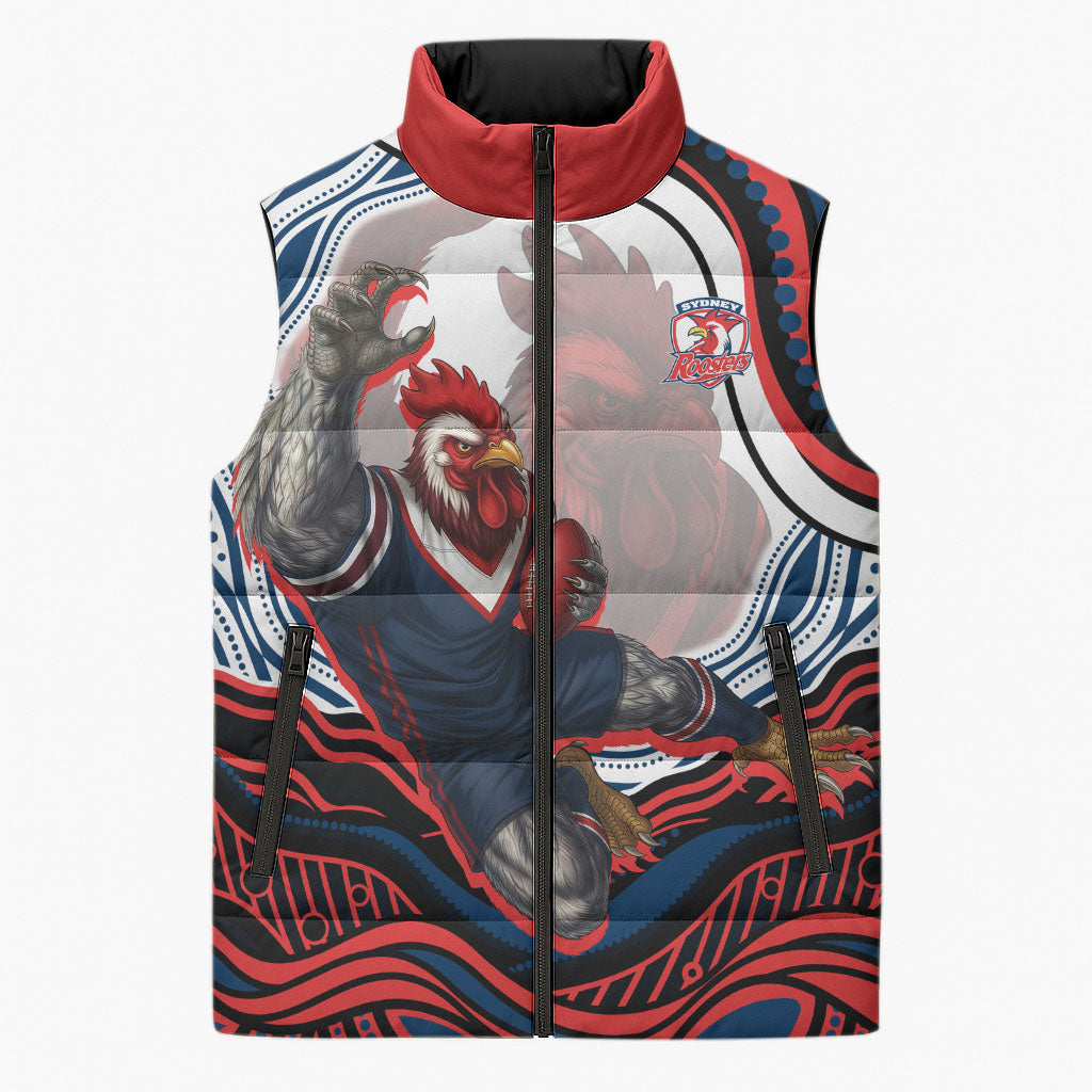 Personalized Sydney Roosters Sleeveless Puffer Jacket Aboriginal Dot Art - Dreamtime Rugby Mascot