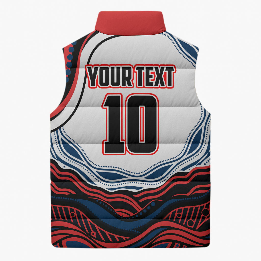 Personalized Sydney Roosters Sleeveless Puffer Jacket Aboriginal Dot Art - Dreamtime Rugby Mascot