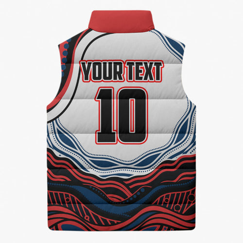 Personalized Sydney Roosters Sleeveless Puffer Jacket Aboriginal Dot Art - Dreamtime Rugby Mascot