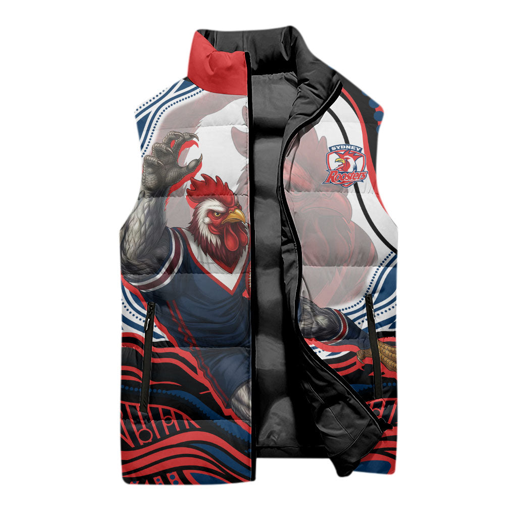 Personalized Sydney Roosters Sleeveless Puffer Jacket Aboriginal Dot Art - Dreamtime Rugby Mascot
