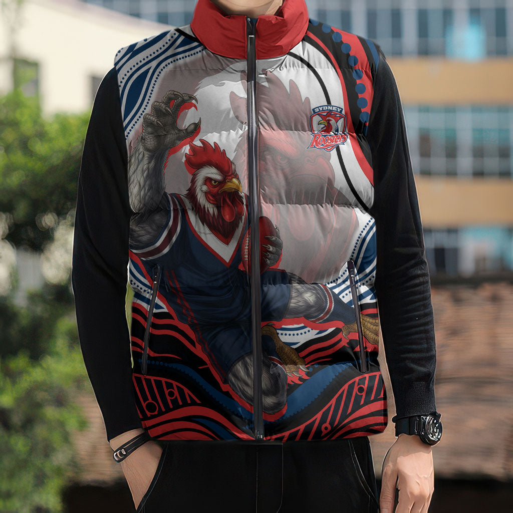 Personalized Sydney Roosters Sleeveless Puffer Jacket Aboriginal Dot Art - Dreamtime Rugby Mascot