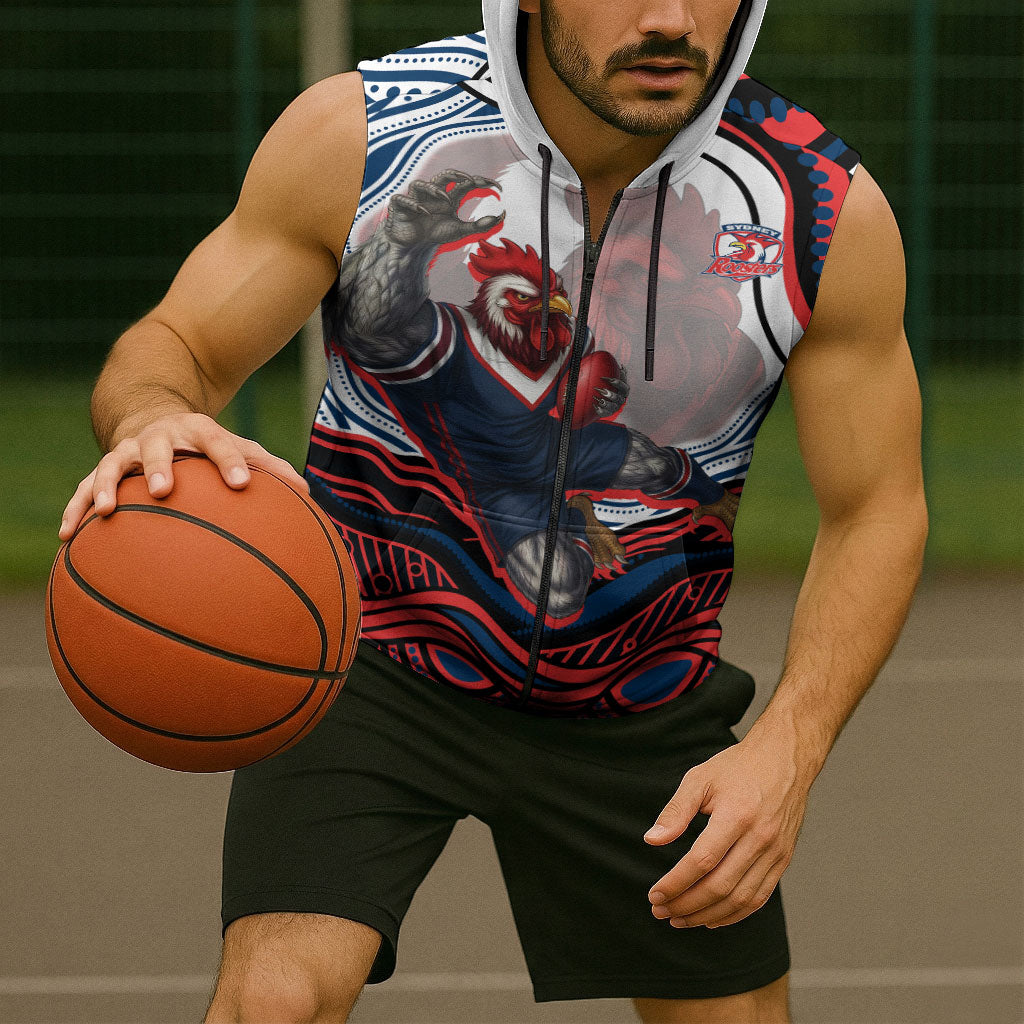 Personalized Sydney Roosters Sleeveless Zip Hoodie Aboriginal Dot Art - Dreamtime Rugby Mascot