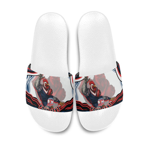 Personalized Sydney Roosters Slide Sandals Aboriginal Dot Art - Dreamtime Rugby Mascot