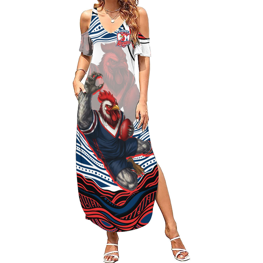 Personalized Sydney Roosters Summer Maxi Dress Aboriginal Dot Art - Dreamtime Rugby Mascot