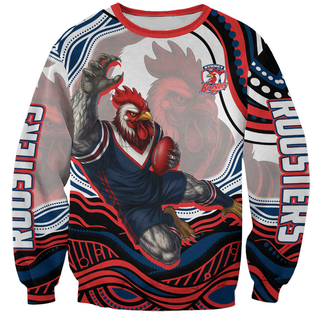 Personalized Sydney Roosters Sweatshirt Aboriginal Dot Art - Dreamtime Rugby Mascot