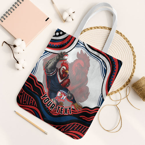 Personalized Sydney Roosters Tote Bag Aboriginal Dot Art - Dreamtime Rugby Mascot