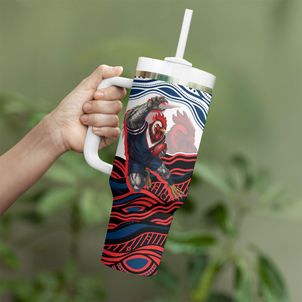 Personalized Sydney Roosters Tumbler With Handle Aboriginal Dot Art - Dreamtime Rugby Mascot