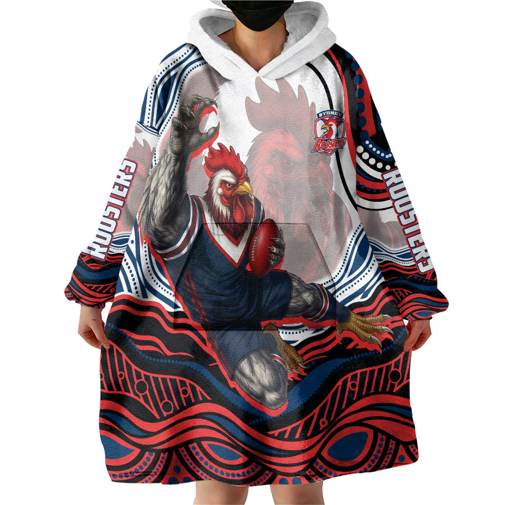Personalized Sydney Roosters Wearable Blanket Hoodie Aboriginal Dot Art - Dreamtime Rugby Mascot