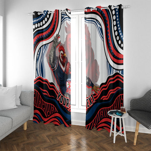 Personalized Sydney Roosters Window Curtain Aboriginal Dot Art - Dreamtime Rugby Mascot