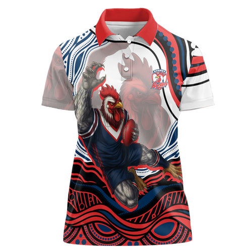 Personalized Sydney Roosters Women Polo Shirt Aboriginal Dot Art - Dreamtime Rugby Mascot
