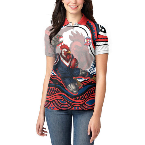 Personalized Sydney Roosters Women Polo Shirt Aboriginal Dot Art - Dreamtime Rugby Mascot