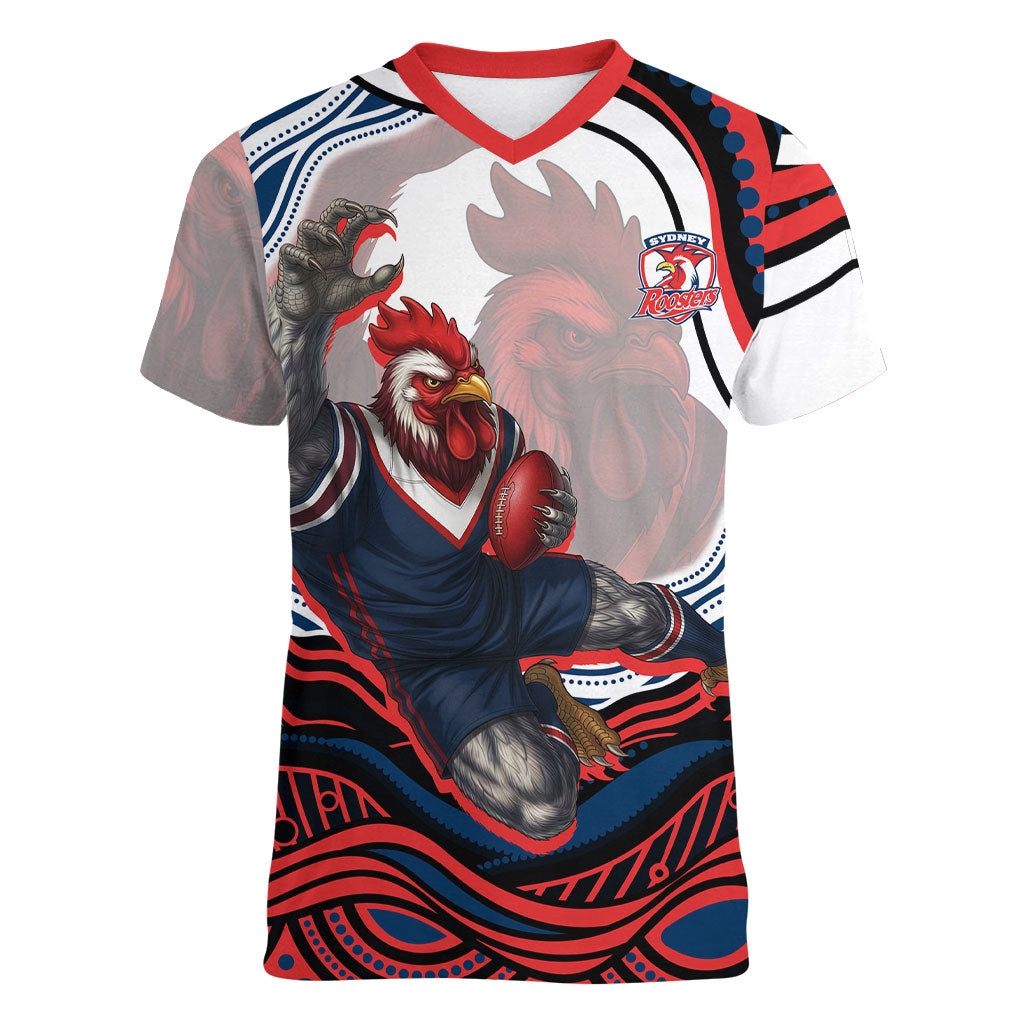 Personalized Sydney Roosters Women V-Neck T-Shirt Aboriginal Dot Art - Dreamtime Rugby Mascot