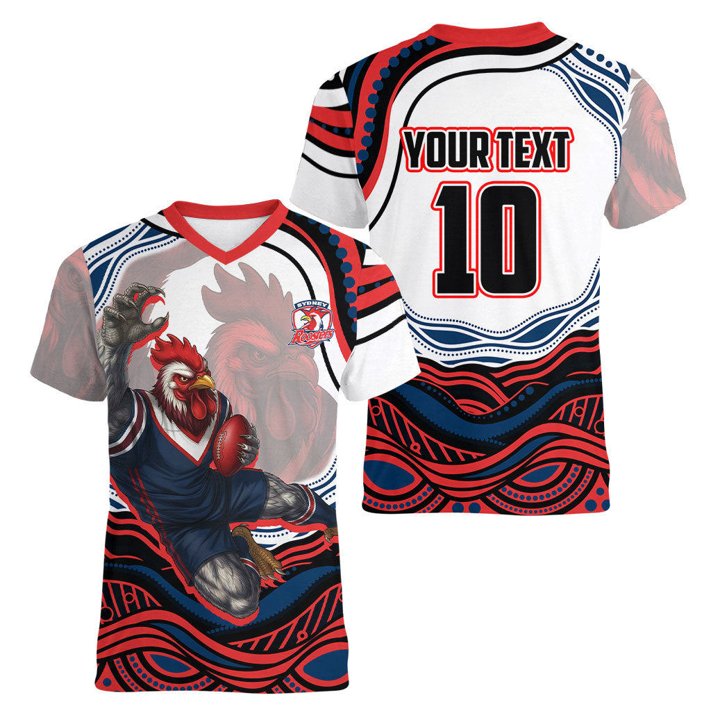 Personalized Sydney Roosters Women V-Neck T-Shirt Aboriginal Dot Art - Dreamtime Rugby Mascot